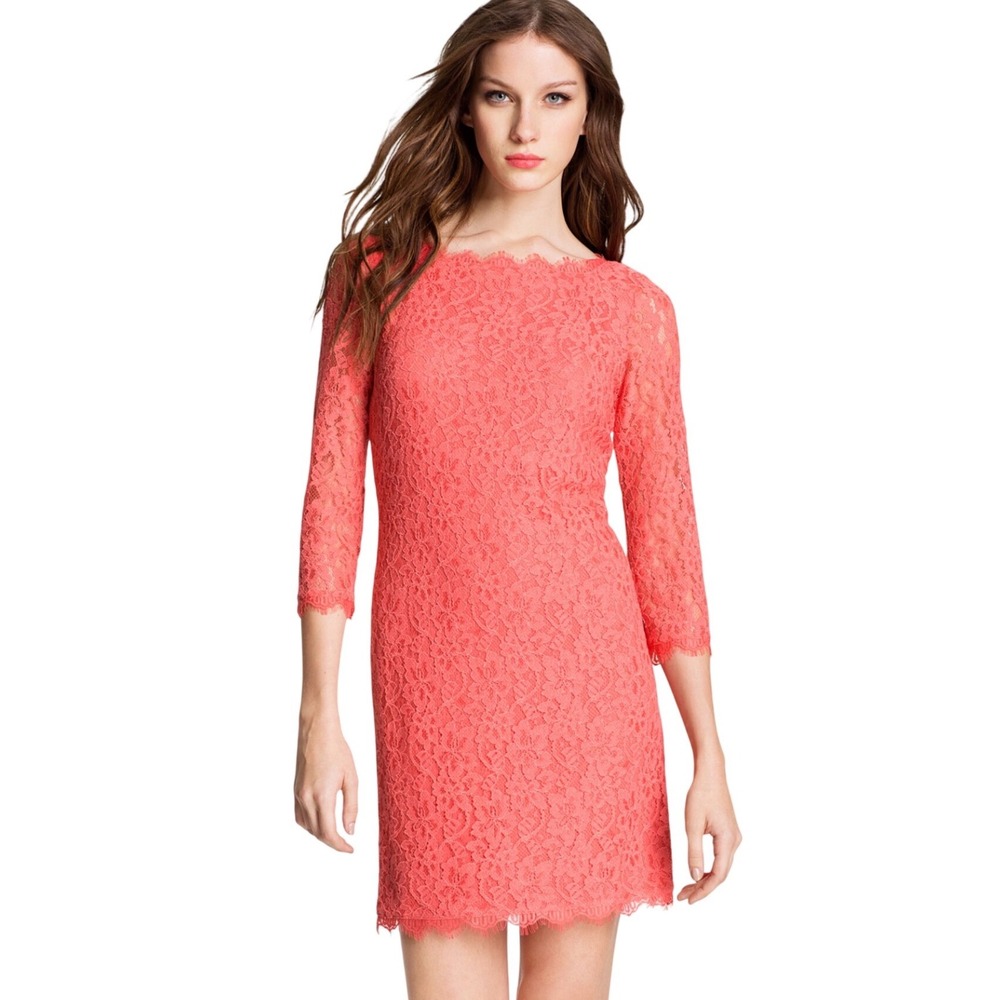 Diane Von Furstenberg Zarita Pink Grapefruit Stretch‎ Lace Dress Size 8
